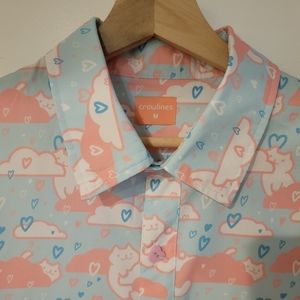 Size small / medium camp shirt with cute cats and hearts in trans pride colors